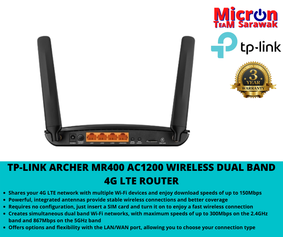 TP-LINK ARCHER MR400 AC1200 Wireless Dual Band 4G LTE Router