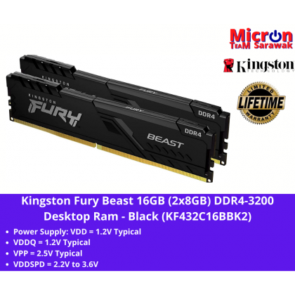 Kingston Fury Beast BLACK 16GB (2x8GB) DDR4-3200 Desktop Ram