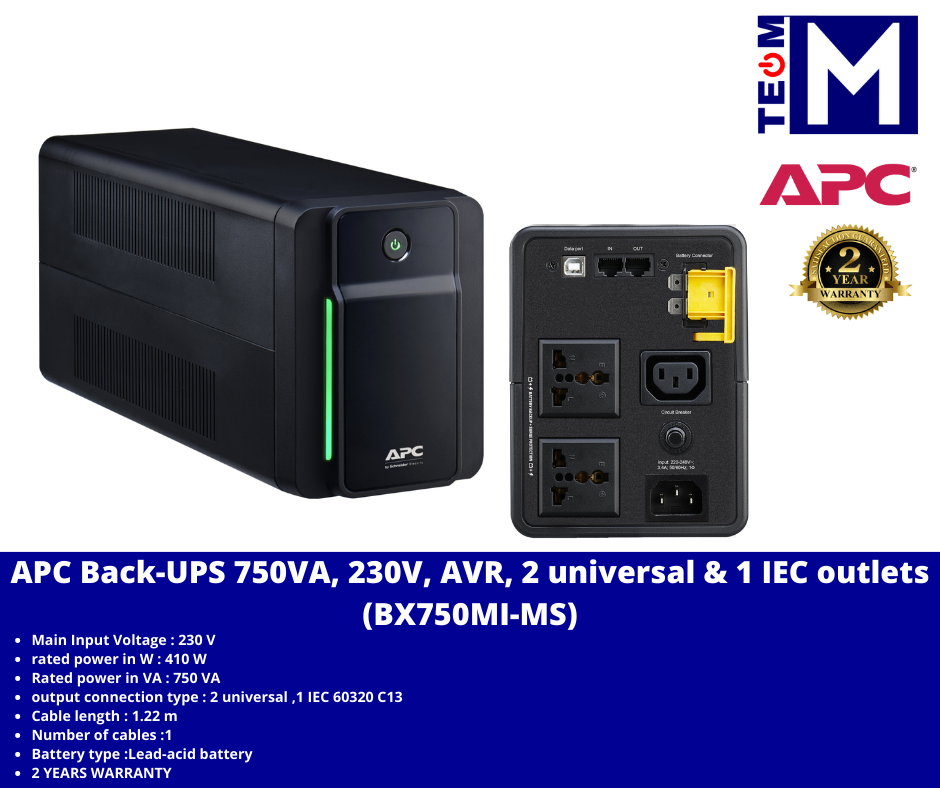 APC (BX750MI-MS) Back-UPS 750VA, 230V, AVR, 2 universal & 1 IEC outlets ...