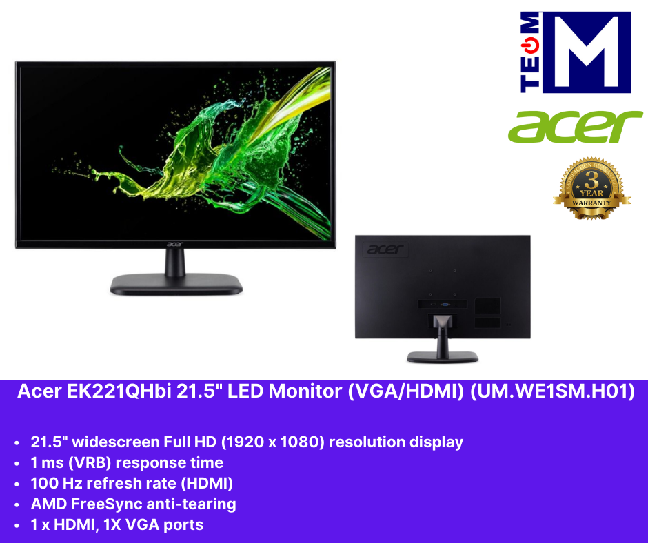Acer EK221QHbi 21.5" VA LED Monitor (100Hz / 1ms/ /HDMI+VGA) (UM.WE1SM.H01)