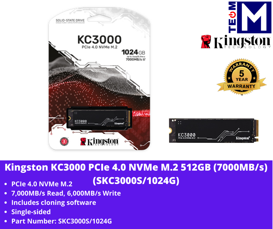 Kingston 1TB KC3000 PCIe 4.0 NVMe M.2 SSD (7,000MB/s Read